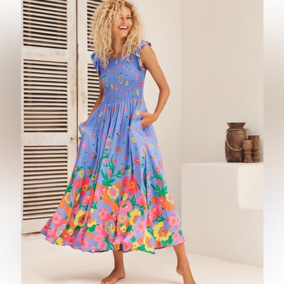Mister Zimi Dresses & Skirts - Mister Zimi Blue Meadow Floral Print Abbie Elasticized Smocked   Midi Dress 6